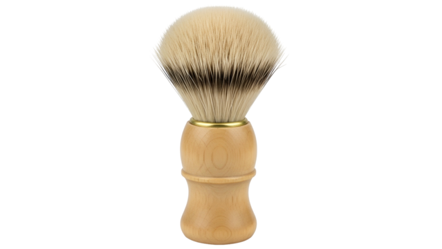 A shaving brush with a light wood handle and fluffy, two-tone bristles