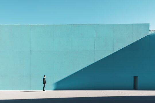 A man in a black suit stands against a massive turquoise wall, with a sharp diagonal shadow dividing the scene