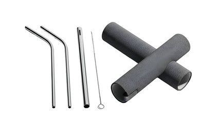 Set of stainless steel straws and cleaner with two dark gray cylindrical containers