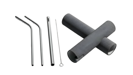 Set of stainless steel straws and cleaner with two dark gray cylindrical containers