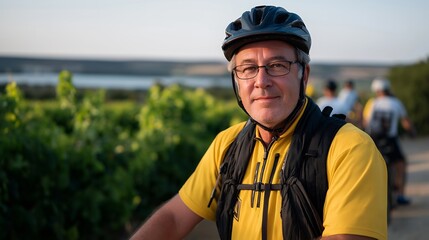 A bike tour guide holding handlebars while pausing in front of a scenic vineyard, group riders gathering behind them — travel adventure, eco-tourism cycling, and community outdoor experiences.