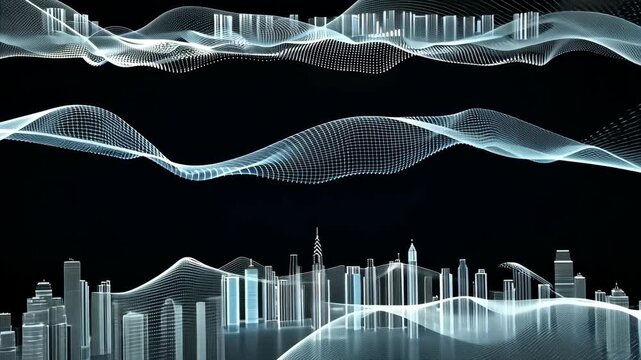 A stunning digital design with intricate wave patterns interwoven with an urban silhouette, showcasing modern architecture