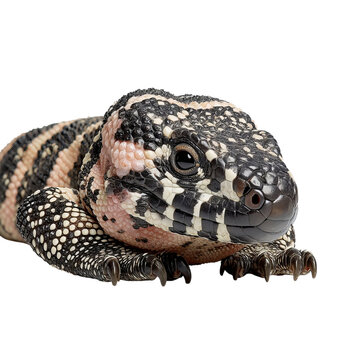 Png of closeup of a gila monster isolated on transparent background, showcasing its distinctive black, pink, and yellow pattern