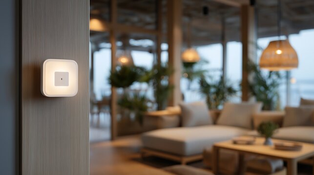 An ultra-sensitive motion sensor array mounted on a sleek smart home wall panel, glowing softly as it detects the slightest movement — next-gen home security, micro-detection technology, and