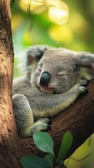 Obraz premium A sleeping koala rests on a tree branch, surrounded by soft, warm natural light