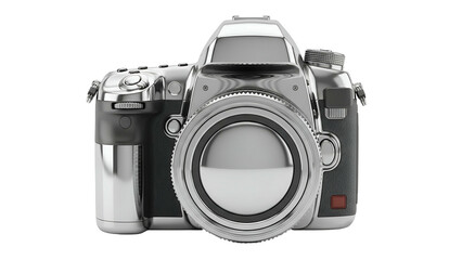 Sleek, stylized, metallic camera. Front view, studio shot. Silver and black