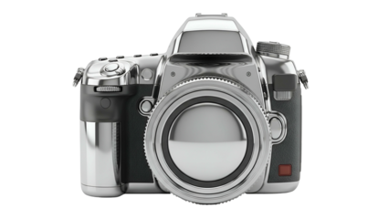 Sleek, stylized, metallic camera. Front view, studio shot. Silver and black