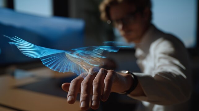 A researcher studying airflow dynamics around airplane wings in a virtual simulation lab, holographic wind currents shifting as parameters are adjusted — aerospace engineering, computational fluid