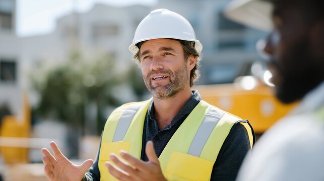 A construction crew receiving a pre-shift safety briefing, supervisor demonstrating proper helmet fit and fall-prevention harness usage before work begins — industrial safety training, risk