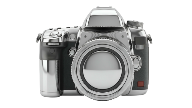 Sleek, stylized, metallic camera. Front view, studio shot. Silver and black