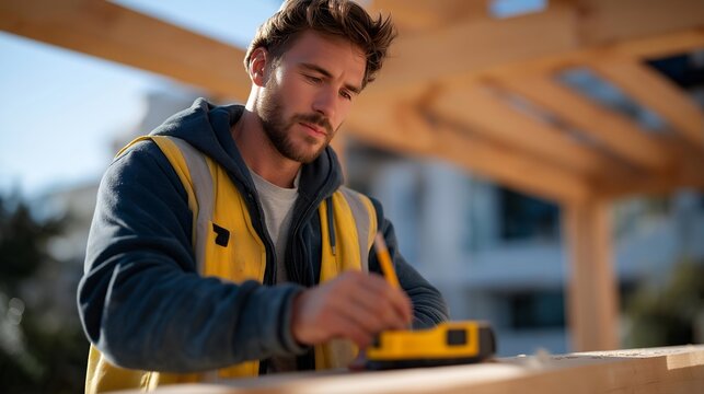 A construction worker using a steel tape measure against freshly installed wooden beams, pencil tucked behind the ear as sawdust floats in warm afternoon light — carpentry craftsmanship, framing