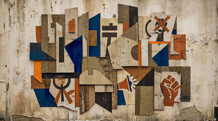 An abstract mural composed of various shapes and hues, showcasing symbols of protest and empowerment, epitomizing creativity and expression within urban environments.