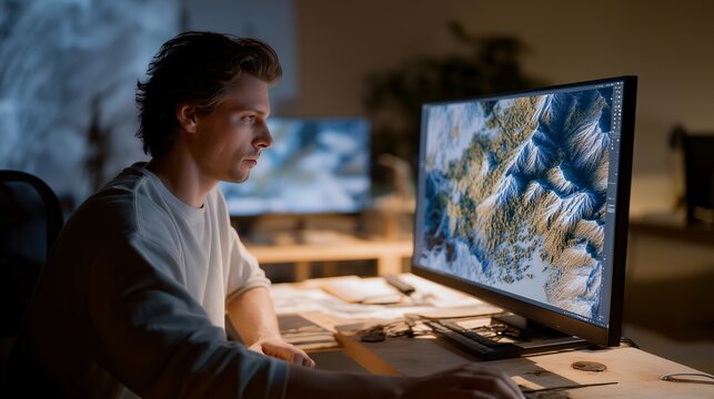 A game developer examining a wire-frame version of a video game environment, terrain meshes and character rigs visible before textures layer in — game design pipeline, world-building process, and