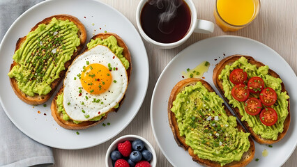 Delicious avocado toast with fried egg and cherry tomatoes, a healthy and vibrant breakfast option