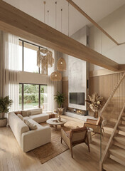 This elegant living space showcases warm wooden interiors adorned with modern lighting, evoking comfort and luxury while maintaining a balance of style and functionality for everyday living.