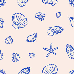 Seashell pattern. Seamless marine design with sea shells, repeating print. Ocean beach, summer holiday starfish, scallop, oyster, background, doodle retro texture. Linear vector illustration