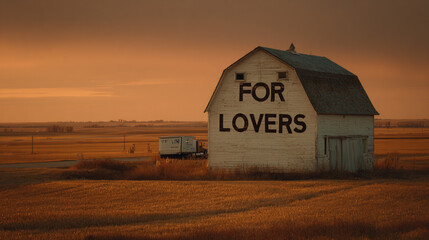 For lover text on old barn durin sunset
