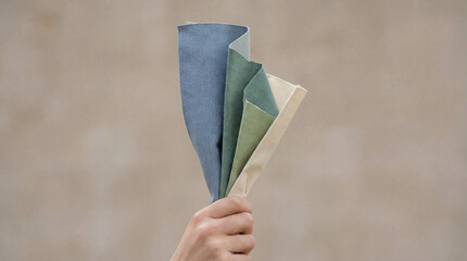 A hand holds various textiles in soothing blue and green hues, symbolizing comfort and creativity, ideal for showcasing the tactile nature of fabric in design.