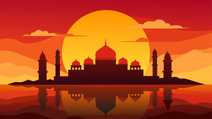 Silhouette of mosque at sunset reflected on water