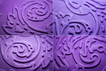 Collection of images with extreme macro of embossed purple paper. Selective focus, shallow depth of field.