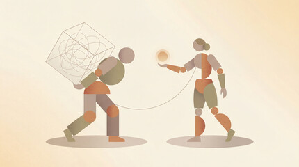 A woman extends her hand to offer a glowing orb to a laborer carrying a heavy cube, showcasing themes of support, encouragement, and the balance of work and light.