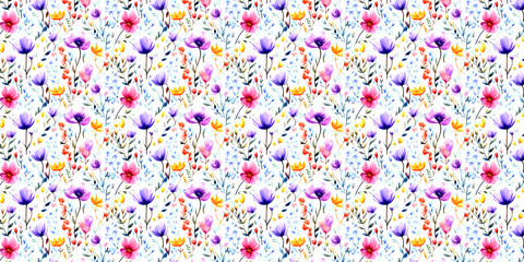 Watercolor vibrant floral seamless pattern on white background