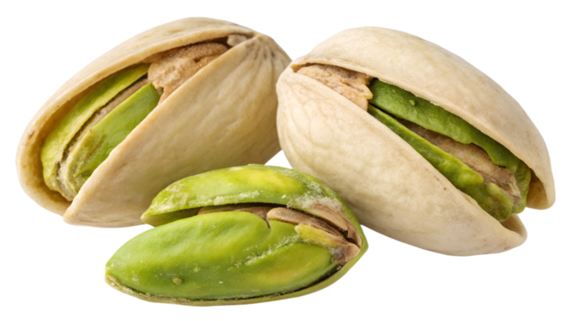 Three fresh pistachios with open shells reveal vibrant green nuts, perfectly isolated on a transparent background, high quality PNG file.