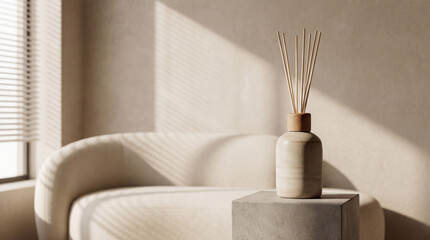 An elegant fragrance bottle stands on a minimalist concrete pedestal, surrounded by soft sunlight and gentle shadows that enhance its calming aesthetic.