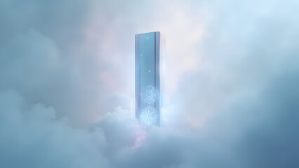 Futuristic fog-lit energy pillar with subtle holographic symbols. Centered composition with clean negative space around for text or design.
