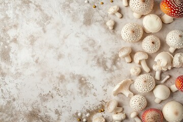 A collection of Amanita muscaria mushrooms of various sizes is scattered on a light textured background, creating a natural composition