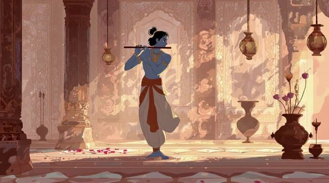 Digital illustration of lord krishna playing a flute in a traditional indian temple with warm, golden lighting and intricate architecture.