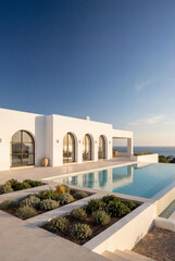 An exquisite white villa features an infinity pool reflecting the serene sunset, harmonizing luxury living with natural beauty and perfect for relaxation and gatherings.