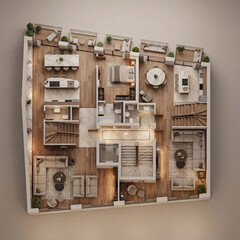 This warm modern living space showcases wooden accents throughout the design, creating an inviting and cozy atmosphere perfect for relaxation and social gatherings.