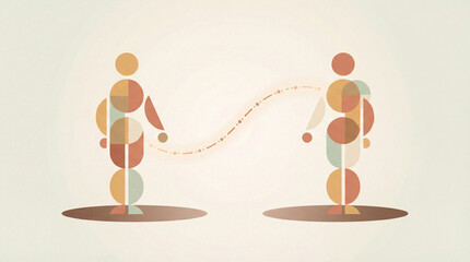 An abstract representation of two figures in connection, symbolizing interaction, emotions, and human relationships through geometric shapes and colors in soft tones.