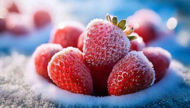Red Strawberries Covered With Frost Close Up Partial Blur Background Diet Food And Dessert