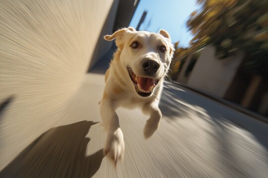 Cute happy dog playing and running towards the camera with motion effect
