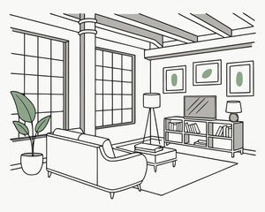 Modern industrial living room design evokes serene vibes, perfect interior inspiration for minimalist homes, showcasing cozy couch and indoor plant accents