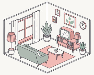Stylish isometric living room scene evokes cozy retro vibes, perfect for interior design projects, home decor inspiration, and trendy apartment concepts
