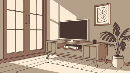 Modern living room interior design showcasing a flat screen television and potted plant in a naturally lit space, perfect for home decor inspiration