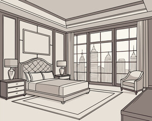 Luxurious bedroom suite with stunning city views, perfect for travel brochures or upscale real estate marketing, showcasing elegant design and comfort