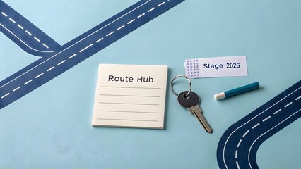 A Route Hub Idea With A Key Lying Flat on a Blue Surface