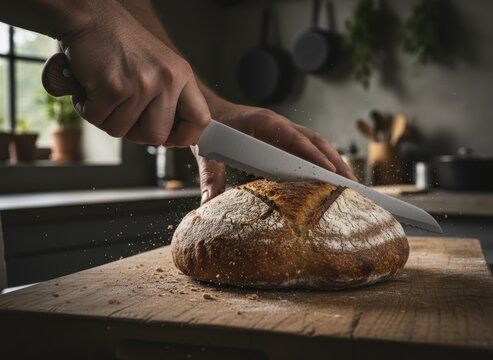 Close-up of hands expertly slicing a freshly baked rustic sourdough bread loaf on a wooden cutting board in a cozy kitchen. - Powered by Adobe
