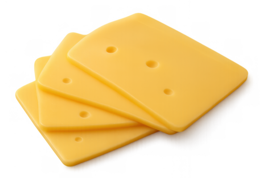 Stack of multiple yellow cheese slices with holes, processed dairy food ingredient for sandwiches and burgers
