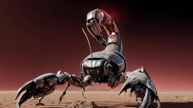 Metallic scorpion crawls across cracked, arid landscape under red sky