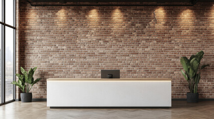 Reception counter mockup with brick wall background style front interior registration copy space desk design indoor decoration front view decoration three-dimensional