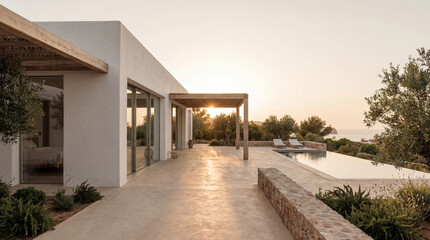 A minimalist villa showcases a stunning sunset view by the pool, creating an inviting atmosphere where simplicity meets luxury in a peaceful outdoor setting.