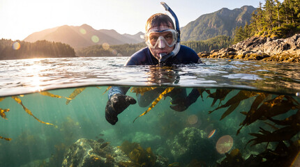 A captivating underwater scene featuring a snorkeler gliding through a lush kelp forest, highlighting the diverse marine life beneath the surface and the serene underwater atmosphere.
