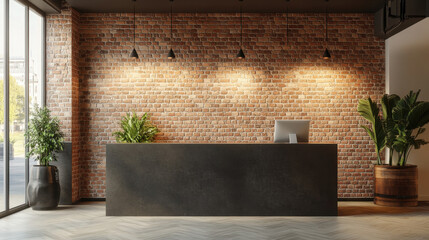 Reception counter mockup with brick wall background style front interior registration copy space desk design indoor decoration front view decoration three-dimensional