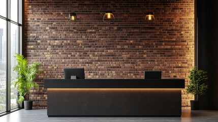 Reception counter mockup with brick wall background style front interior registration copy space desk design indoor decoration front view decoration three-dimensional