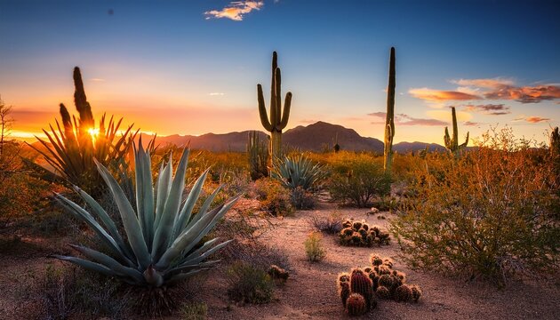 Abstract Landscape With Saguaro Cactus And Agave Plant Sunset In The Sonoran Desert Desert Landscape With Cactus